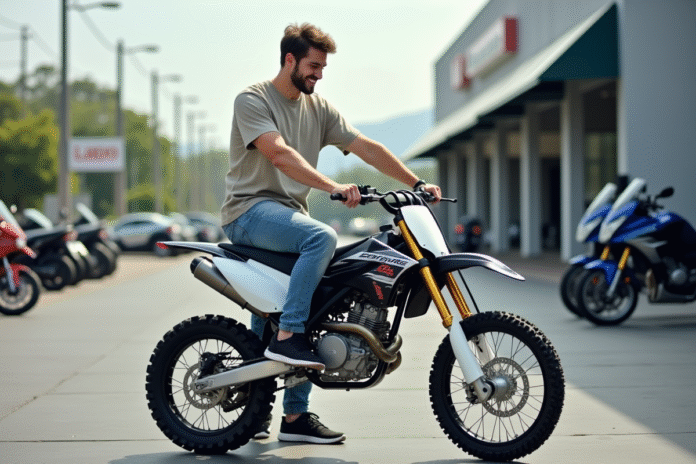 Jeune homme avec moto cross 150cc en concession