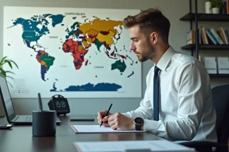 Jeune homme au bureau note fuseaux horaires sur une carte du monde