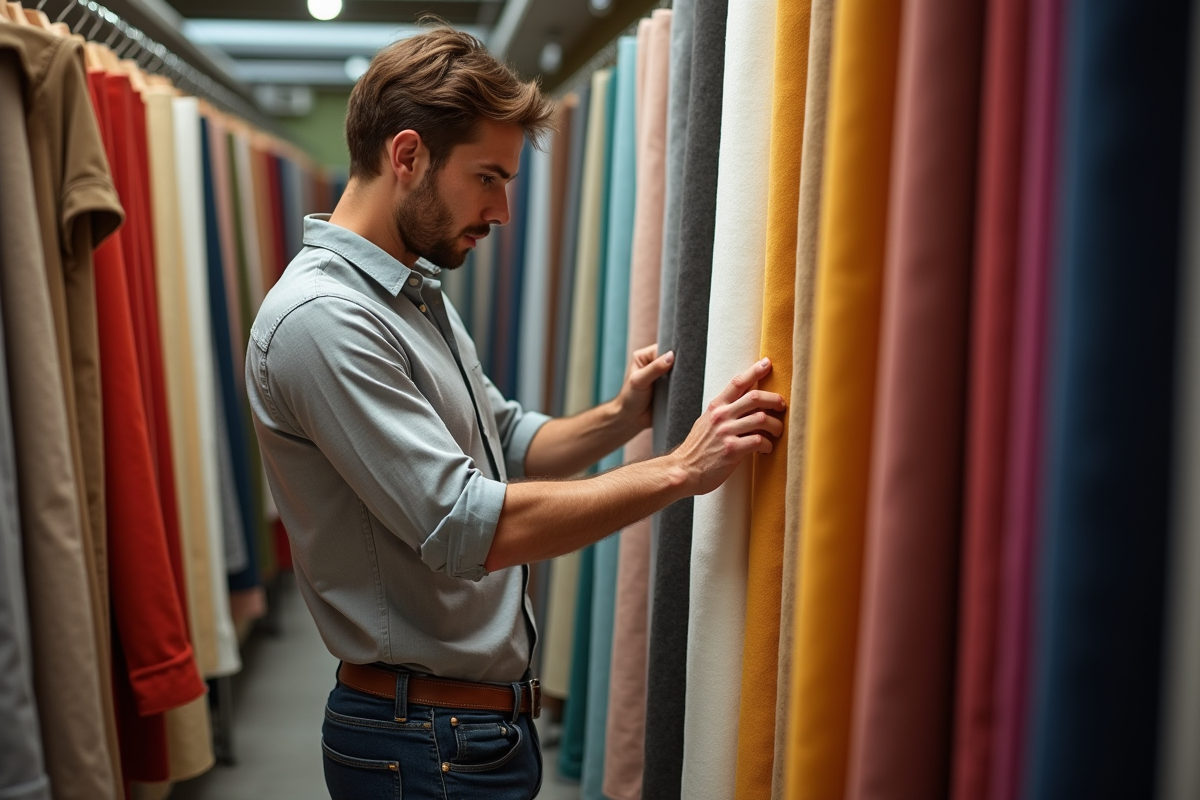 Jeune homme touche des rouleaux de tissu en boutique