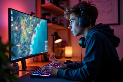 Jeune joueur concentré devant son écran affichant une interface de jeu MMORPG avec des portails, illustrant le guide Dofus pour débutants