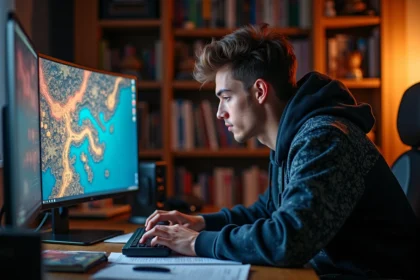 Joueur concentré devant un écran de jeu Dofus avec carte et notes de stratégie sur un bureau en bois