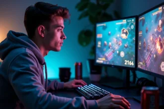 Joueur concentré sur une composition TFT tactique sur double écran dans un setup gaming nocturne