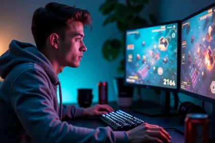 Joueur concentré sur une composition TFT tactique sur double écran dans un setup gaming nocturne
