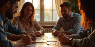 Quatre personnes jouent à la belote autour d'une table ensoleillée