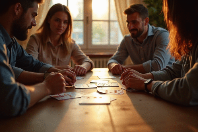 Quatre personnes jouent à la belote autour d'une table ensoleillée