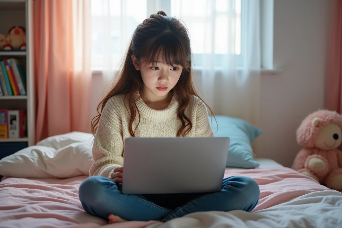 Adolescente lisant un guide sur les portails Dofus sur son ordinateur portable, assise sur son lit dans une chambre lumineuse