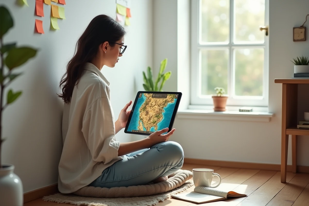 Joueuse adulte analysant la progression dans le royaume d'Encre de Dofus sur une tablette dans un espace créatif lumineux