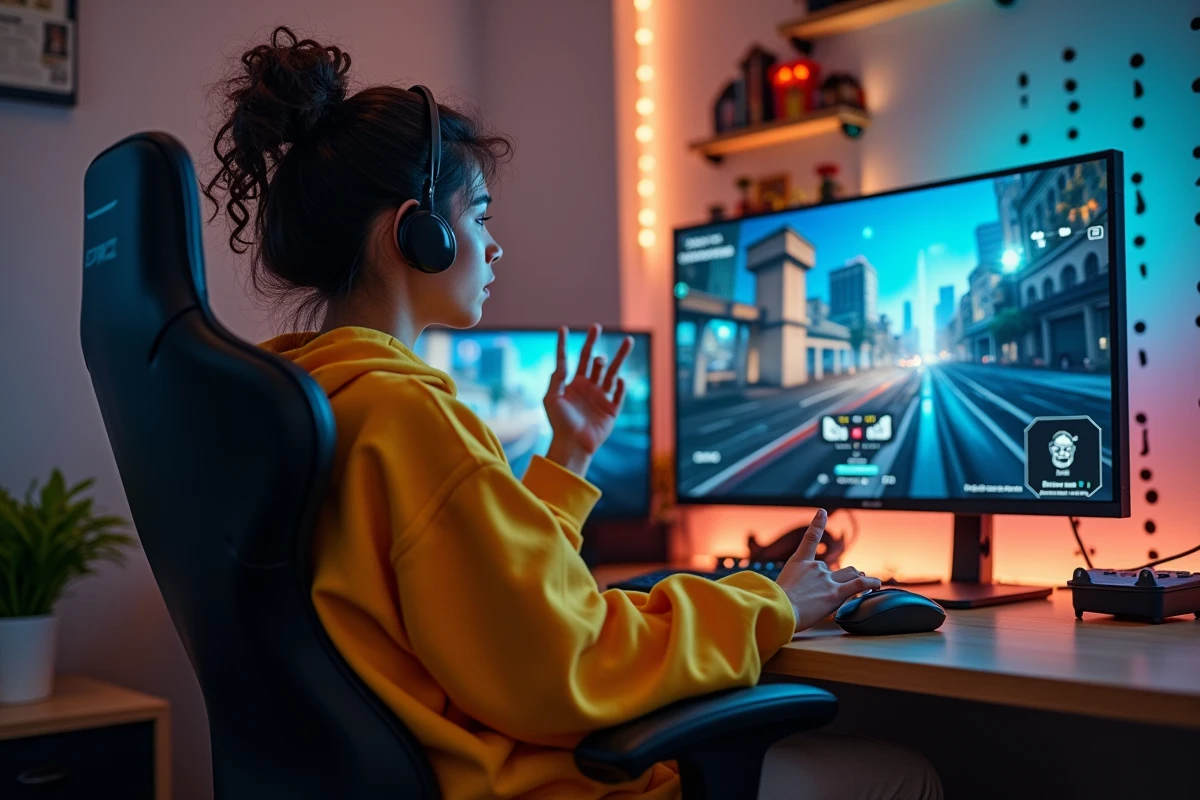 Joueuse réagissant à une partie TFT ranked sur ultrawide dans une salle de streaming organisée