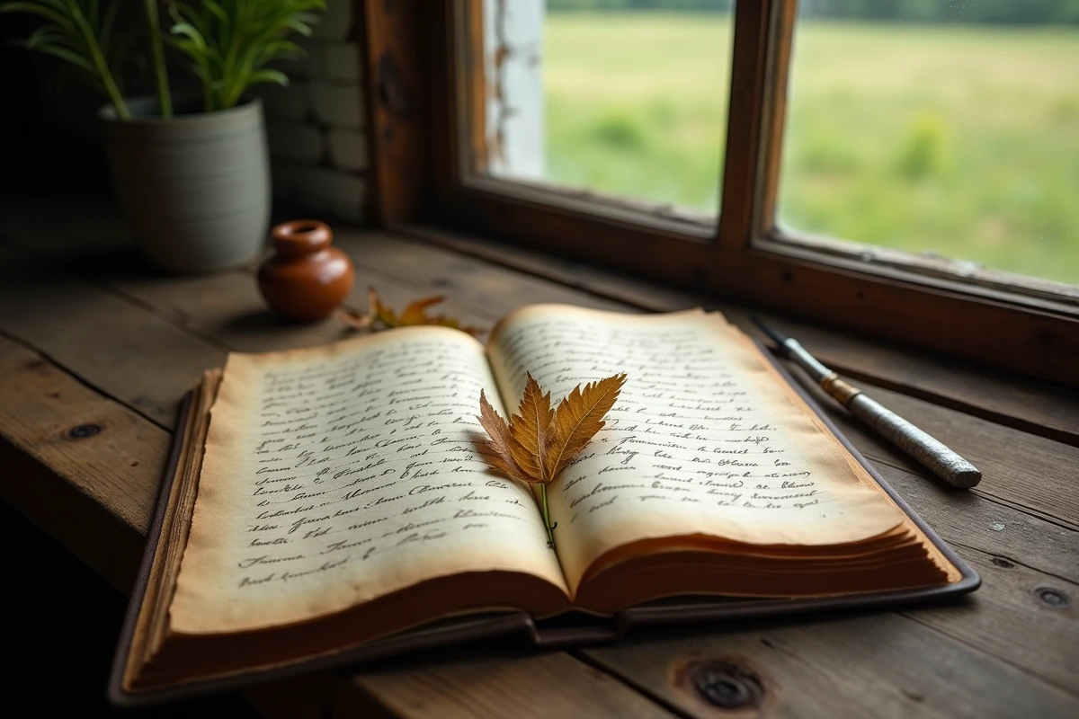 Journal manuscrit ouvert avec des feuilles séchées pressées sur une table en bois, symbolisant l'écriture contemplative et la philosophie naturelle d'Emerson