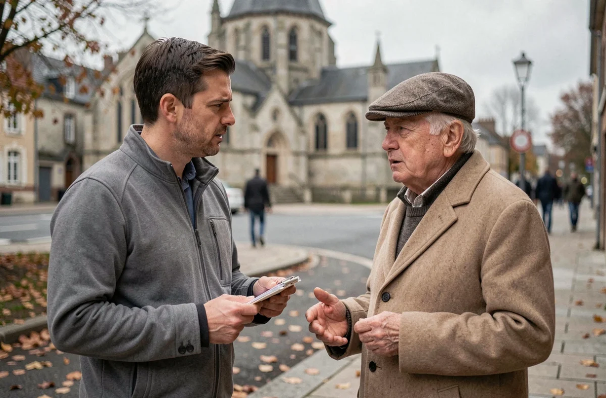 Journaliste interviewant un habitant senior de Caen après un drame local, expression grave et témoignage émouvant dans une rue du centre-ville