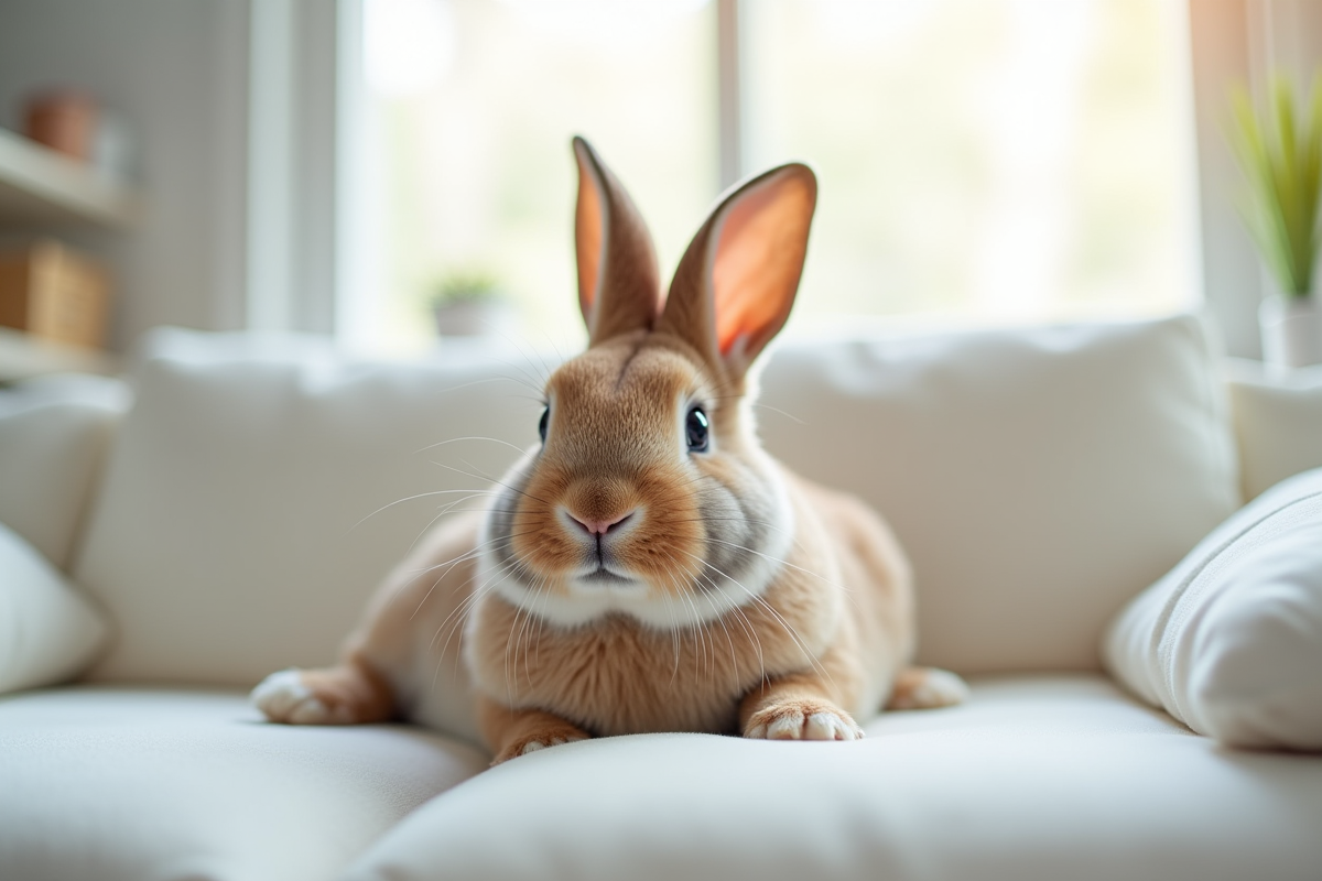 Lapin dwarf lop allongé sur un canapé blanc intérieur