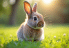 Lapin dwarf lop sur l'herbe verte en extérieur