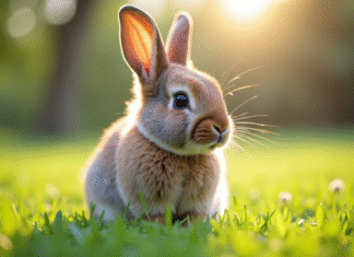 Lapin dwarf lop sur l'herbe verte en extérieur