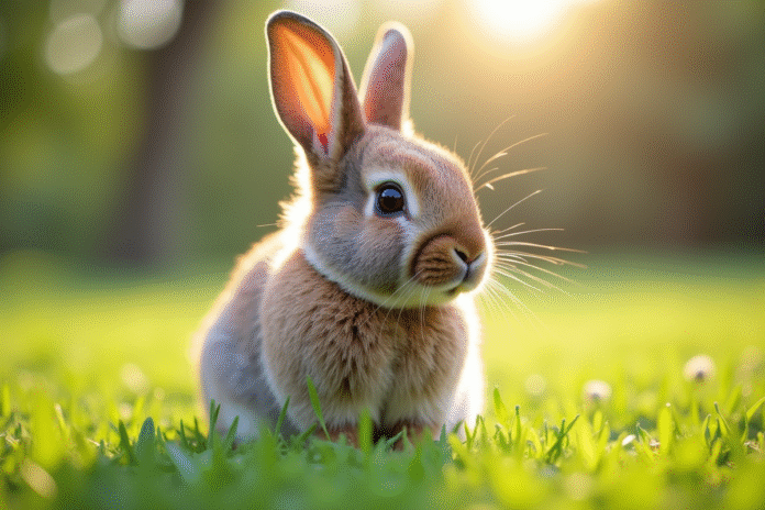 Lapin dwarf lop sur l'herbe verte en extérieur