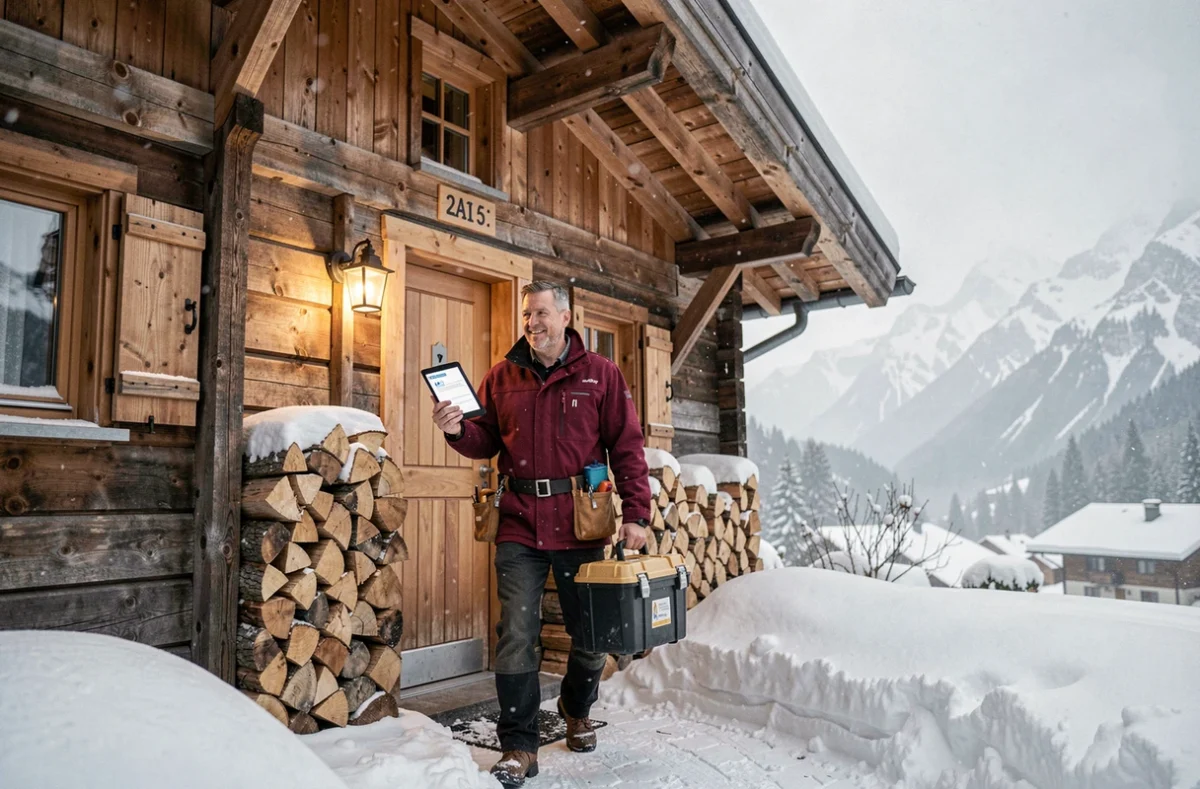 Technicien de dépannage Le Plombier arrivant à un chalet savoyard enneigé pour une intervention plomberie chauffage