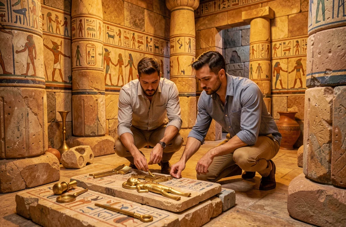 Deux joueurs examinant des artefacts et hiéroglyphes dans la salle à thème temple antique du Temple Escape Game à La Rochelle