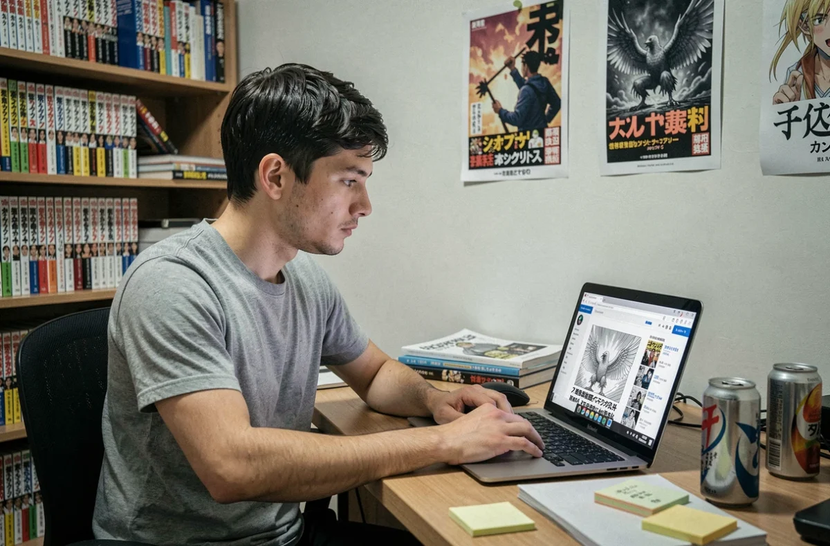 Jeune homme lisant un scan de manga en français sur son ordinateur portable dans une chambre d'étudiant
