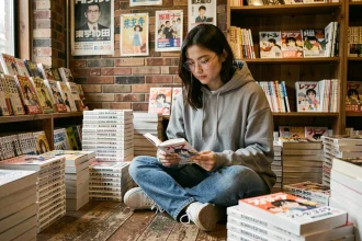 Jeune femme lisant des mangas en français dans une librairie indépendante entourée de piles de volumes Phoenix scan