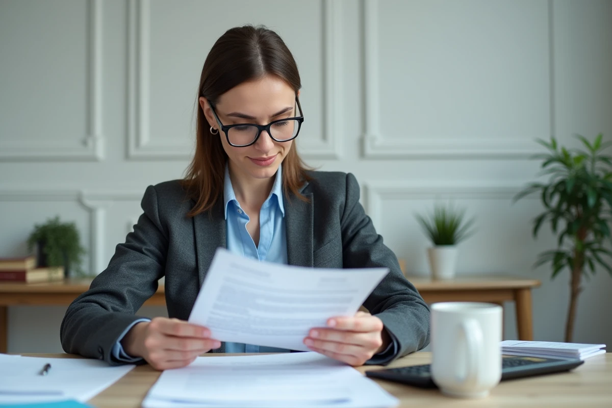 Femme professionnelle lisant une lettre officielle adressée au préfet dans un bureau à domicile
