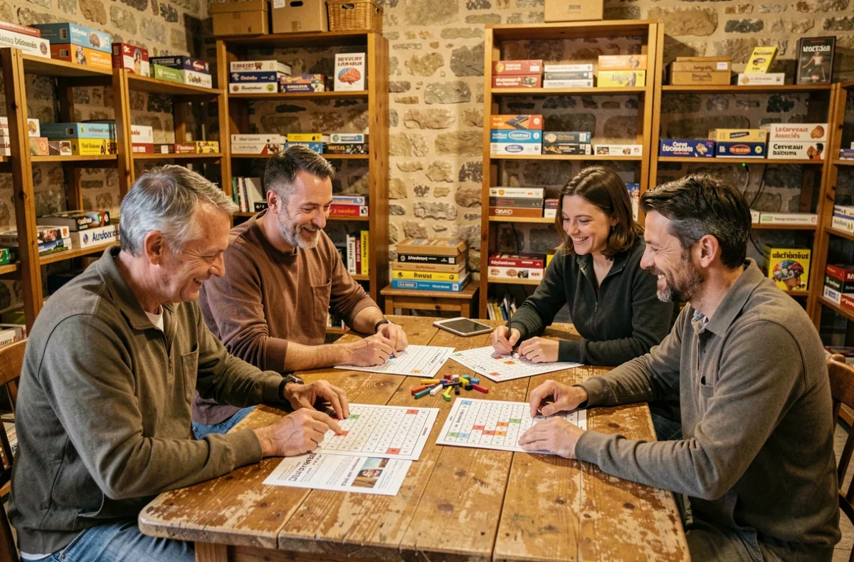 Quatre adultes collaborant autour d'une table en bois rustique avec des grilles de logique dans la salle de Les Cerveaux Associés à Tonnay-Boutonne
