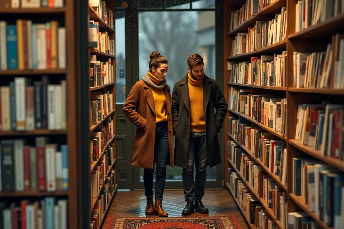 Couple parcourant des livres anciens dans une librairie vintage de Lyon lors d'une journée pluvieuse du dimanche