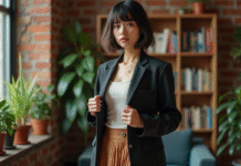 Jeune adulte androgynes en blazer et jupe dans un appartement