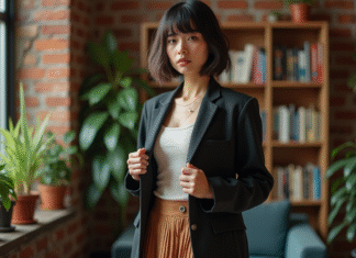 Jeune adulte androgynes en blazer et jupe dans un appartement