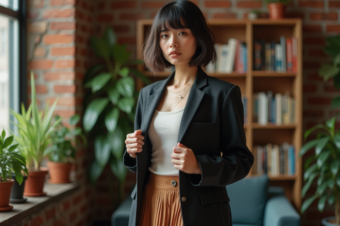 Jeune adulte androgynes en blazer et jupe dans un appartement