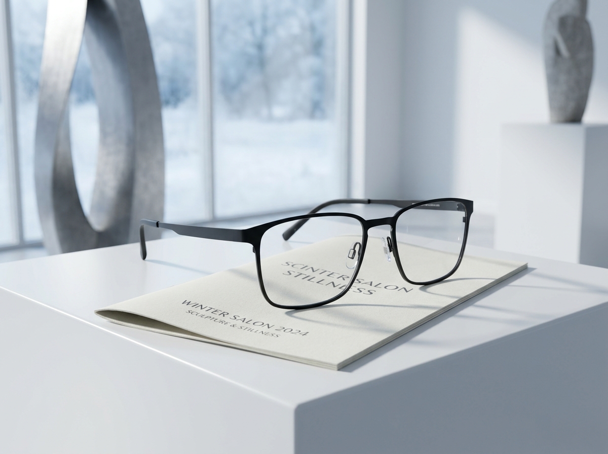 Lunettes noires posées sur un catalogue d'exposition dans une galerie d'art épurée lors d'une exposition hivernale