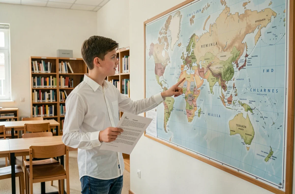 Lycéen devant une carte du monde murale avec pays pour ses révisions de géographie
