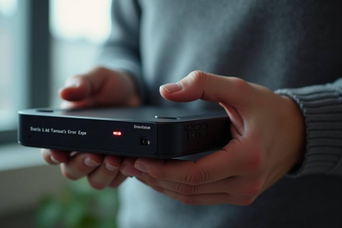 Mains tenant un modem Bbox avec LED rouge clignotant