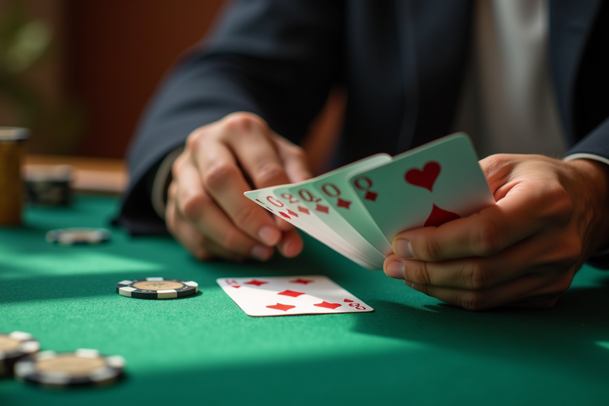 Mains tenant une main de cartes de belote sur une table verte