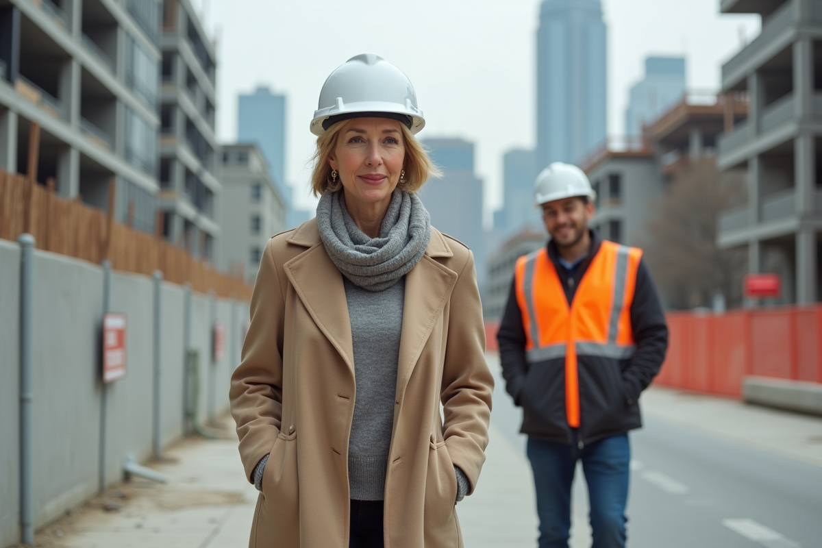 Femme maire marchant sur site de construction avec urbaniste