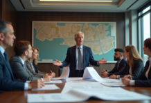 Pouvoirs du maire en urbanisme : comprendre ses responsabilités et actions Maire en costume bleu discutant plans urbains avec conseil municipal