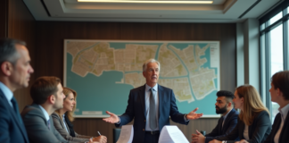 Pouvoirs du maire en urbanisme : comprendre ses responsabilités et actions Maire en costume bleu discutant plans urbains avec conseil municipal