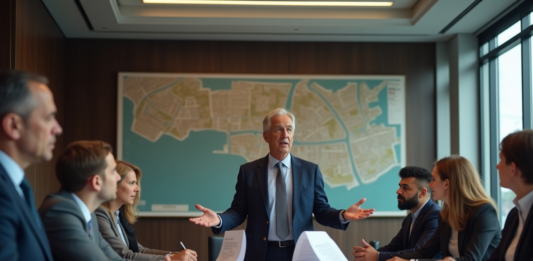 Pouvoirs du maire en urbanisme : comprendre ses responsabilités et actions Maire en costume bleu discutant plans urbains avec conseil municipal