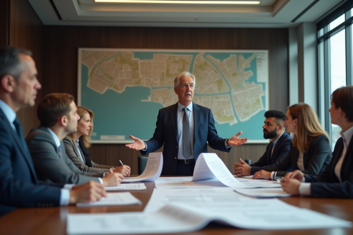 maire-ville-conference-projets Maire en costume bleu discutant plans urbains avec conseil municipal