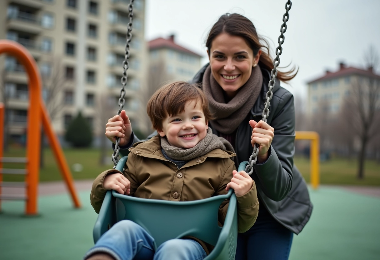 Maman poussant son fils sur une balançoire au parc urbain
