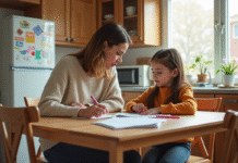 Aide pour maman seule : conseils et solutions pour mieux vivre son quotidien Maman aidant sa fille pour les devoirs dans la cuisine