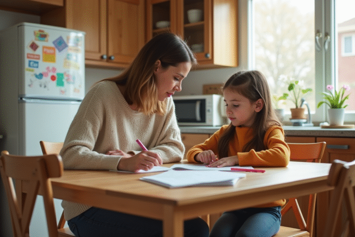 Maman aidant sa fille pour les devoirs dans la cuisine