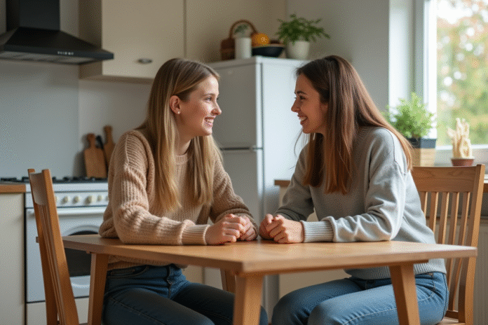 Fille et mère souriantes à la cuisine lumineuse