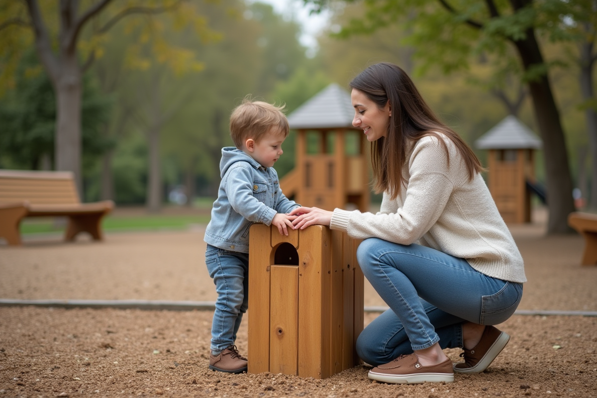 Maman observant son enfant dans une aire de jeux au parc