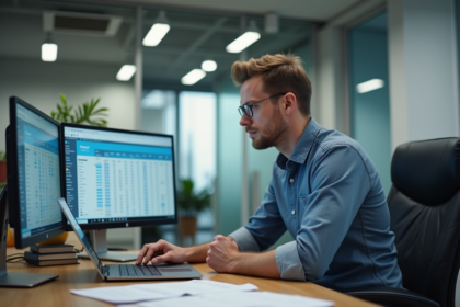 Manager RH examine options logiciel de paie dans son bureau