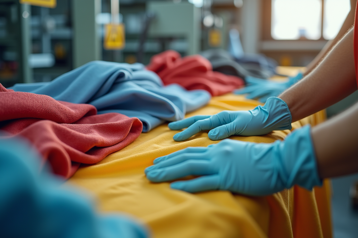 Mains en gants manipulant des tissus colorés dans un atelier textile