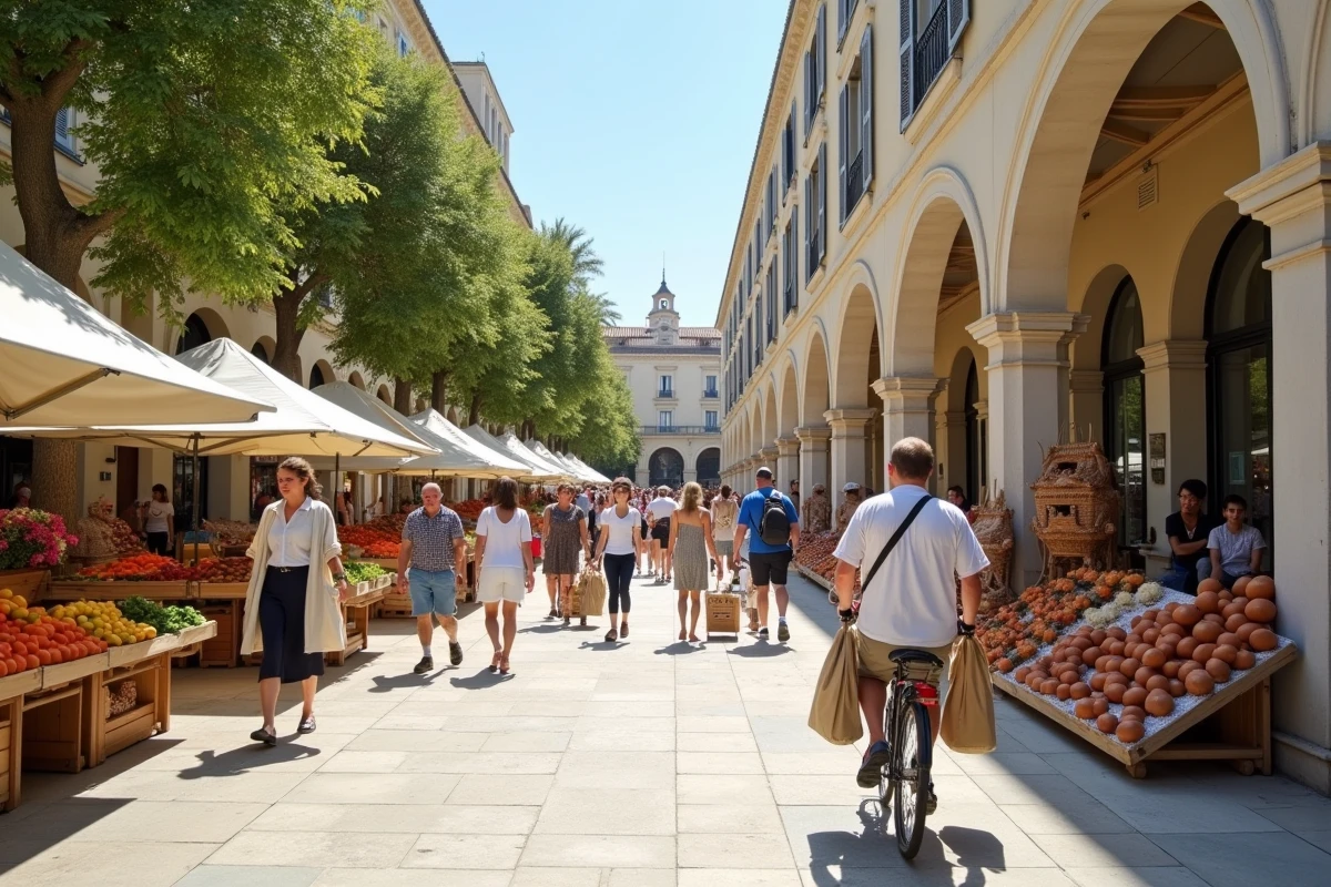Marché dominical du quartier Antigone à Montpellier avec étals et acheteurs le dimanche