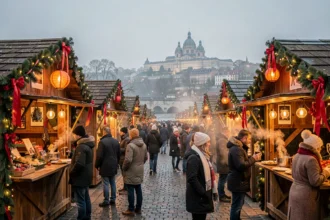 Marché de Noël de Lyon au bord de la Saône avec chalets illuminés et visiteurs en manteau d'hiver