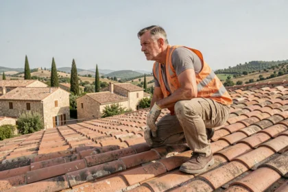 Couvreur professionnel inspecte une toiture en tuiles traditionnelles dans le Gard, avec un panorama de village provençal en arrière-plan
