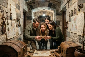 Groupe de joueurs dans une salle d'escape game au décor médiéval avec coffres et énigmes mystérieuses en Charente-Maritime