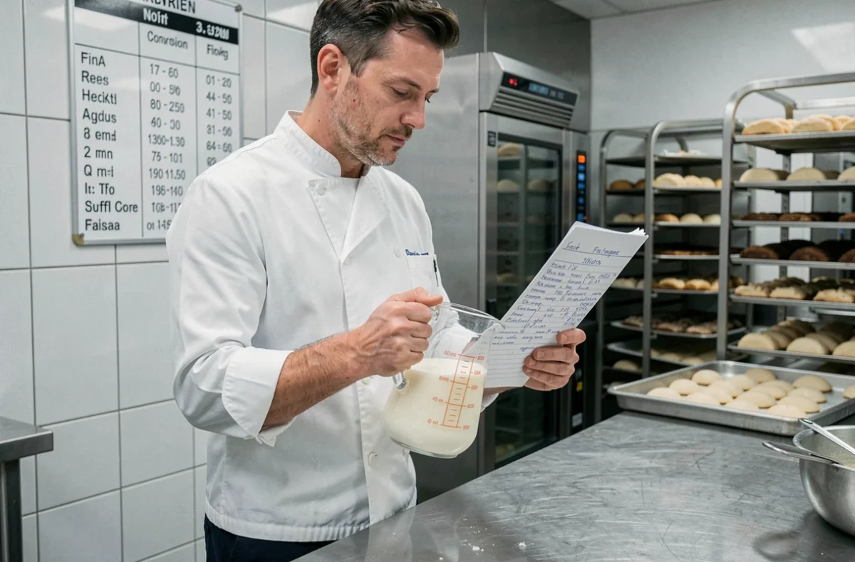 Boulanger professionnel consultant une fiche de recette tout en tenant un verre doseur de 600 ml dans une cuisine de boulangerie professionnelle