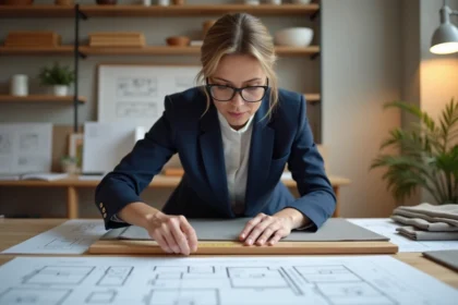 Décoratrice d'intérieur mesurant un panneau en bois sur un plan de travail avec des devis techniques et un mètre ruban, illustrant la convention longueur largeur sur un devis